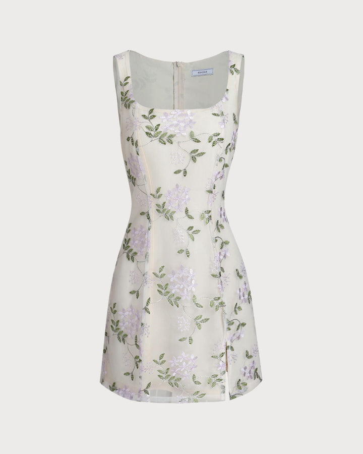Beige Square Neck Embroidery Slit Slip Mini Dress