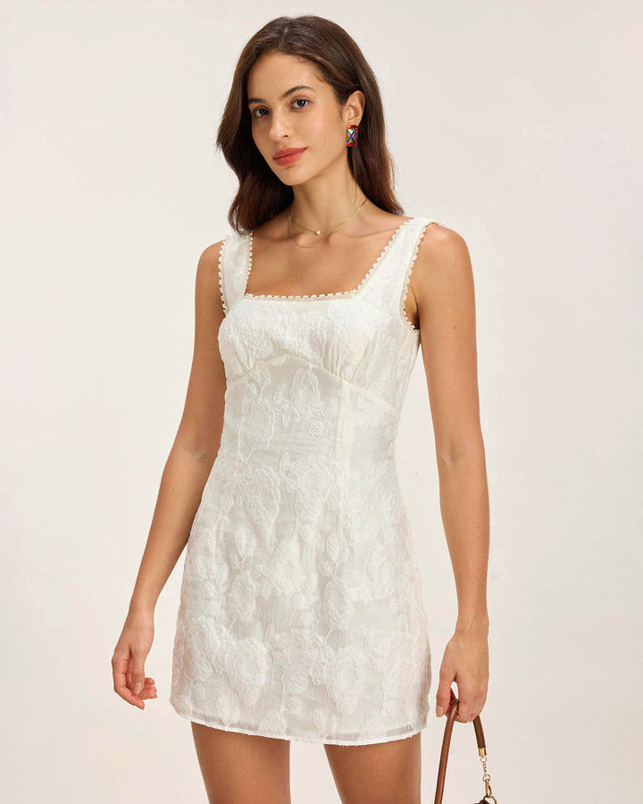 White Textured Square Neck Slip Mini Dress