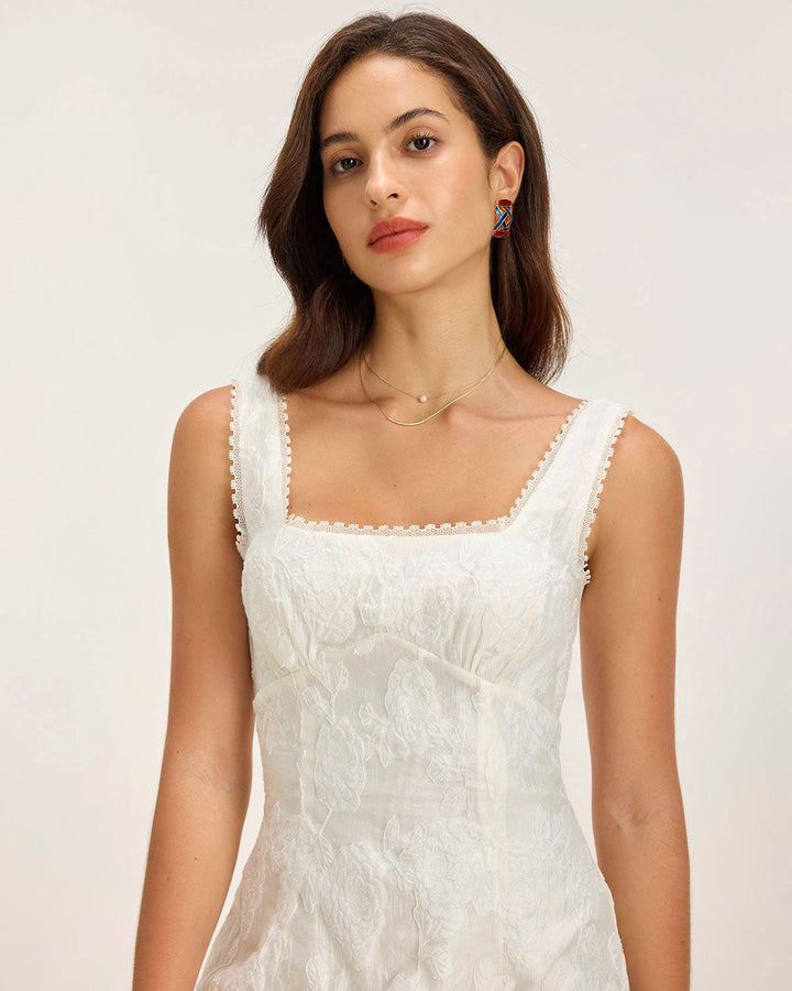 White Textured Square Neck Slip Mini Dress