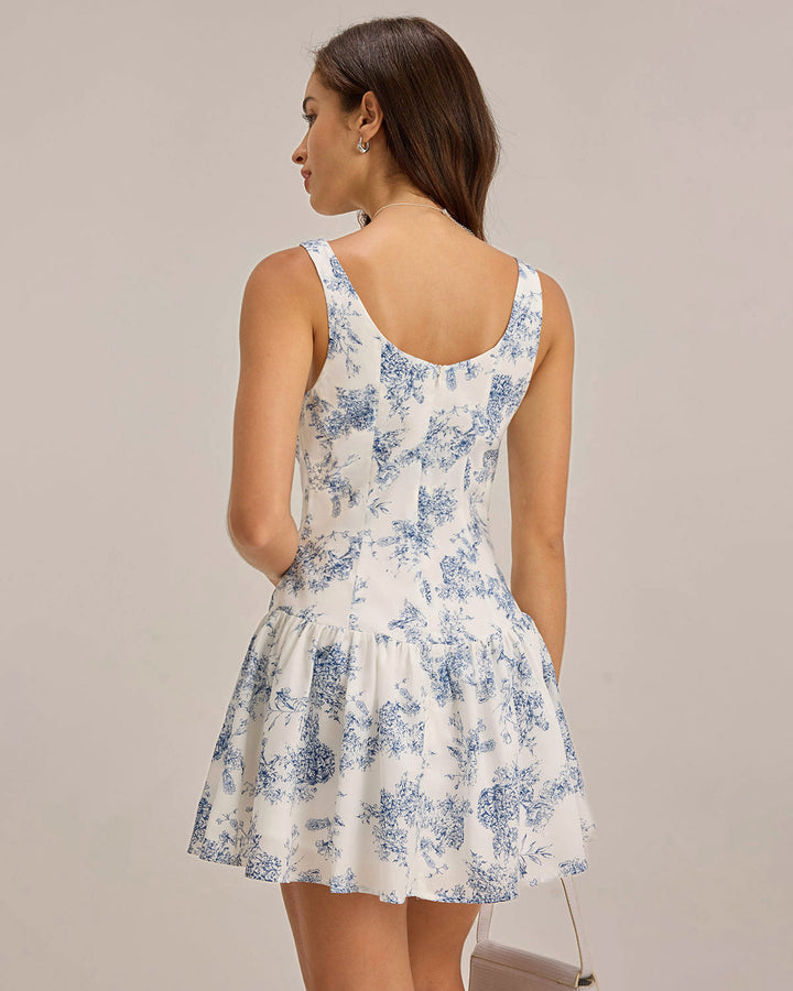 Blue Floral Boat Neck Sleeveless Mini Dress