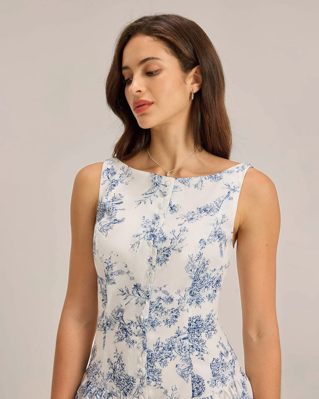 Blue Floral Boat Neck Sleeveless Mini Dress