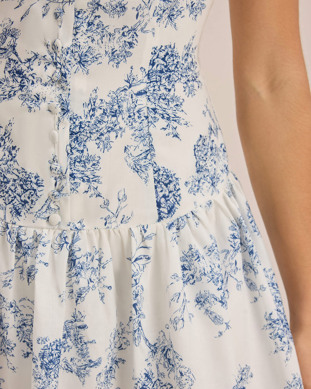 Blue Floral Boat Neck Sleeveless Mini Dress