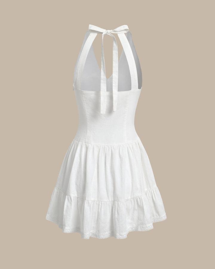 White V Neck Pleated Backless Mini Dress