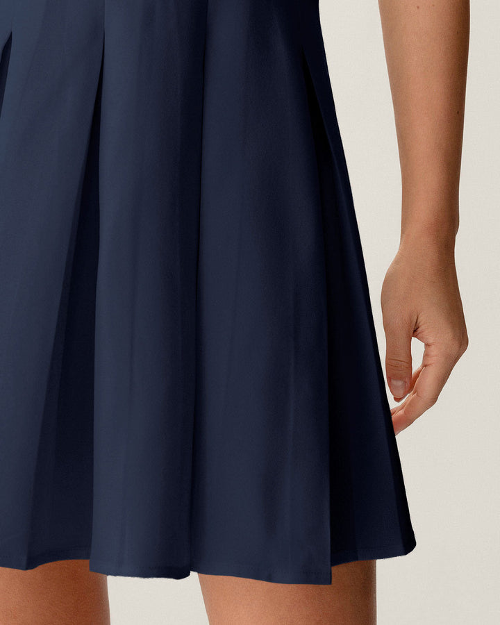 Navy Button Pleated Mini Dress