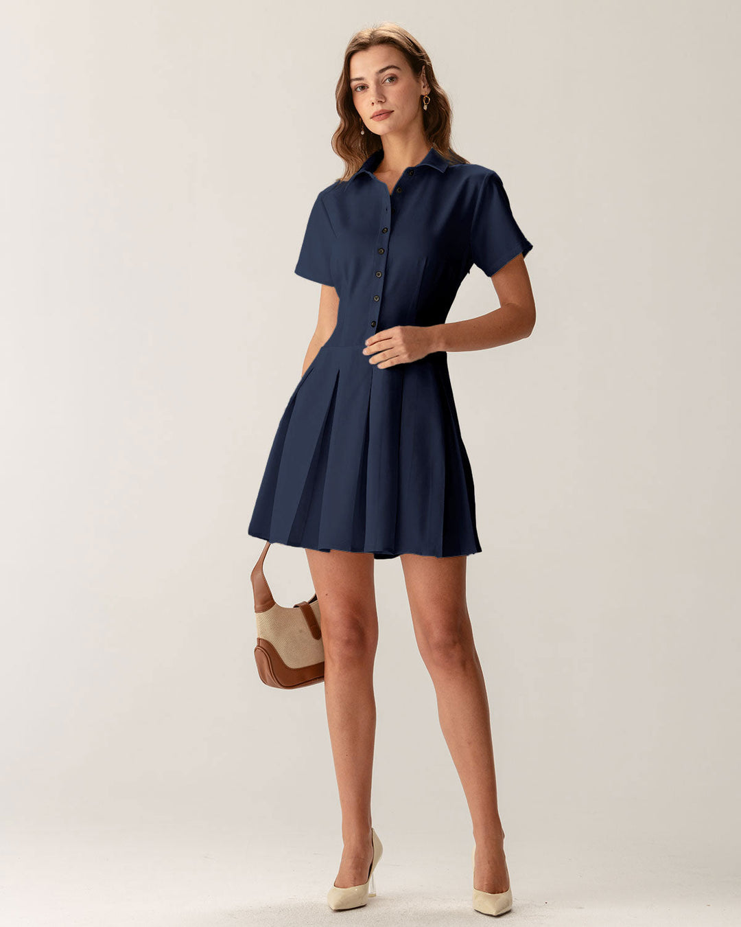 Navy Button Pleated Mini Dress