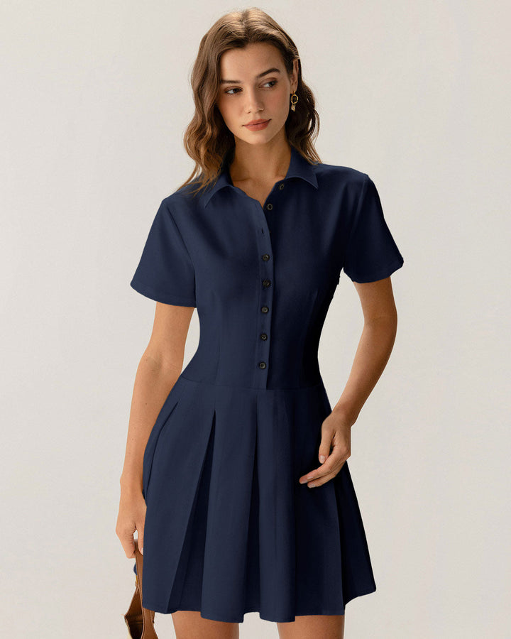 Navy Button Pleated Mini Dress