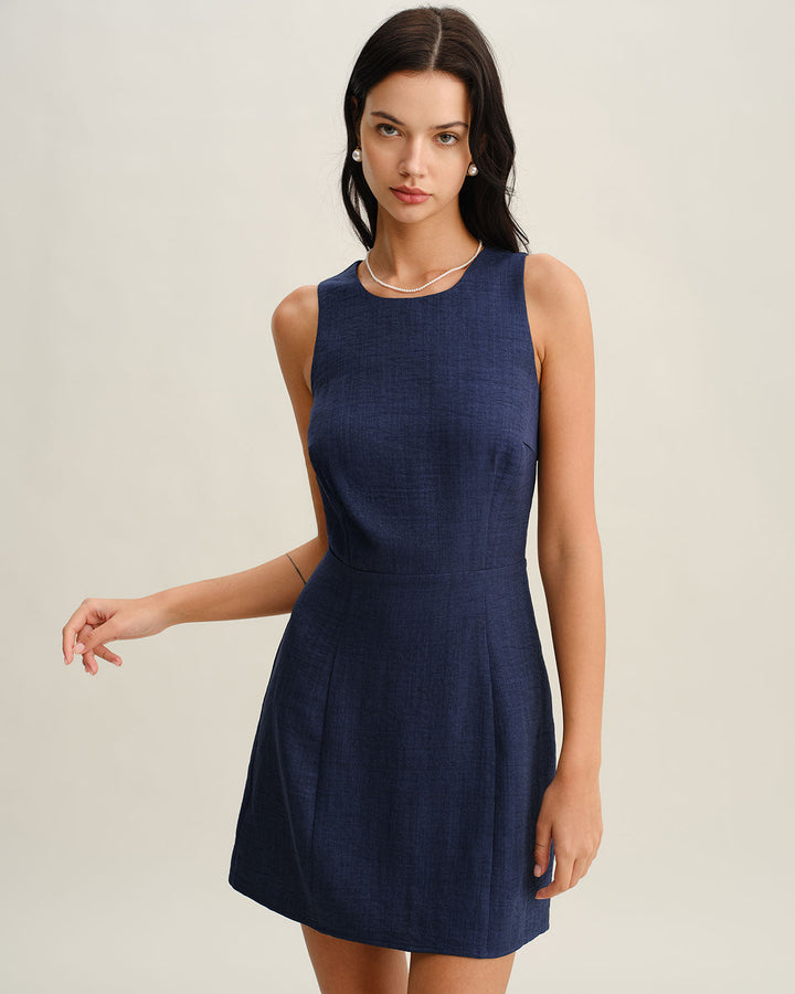 Blue Round Neck Zipper Sleeveless Mini Dress
