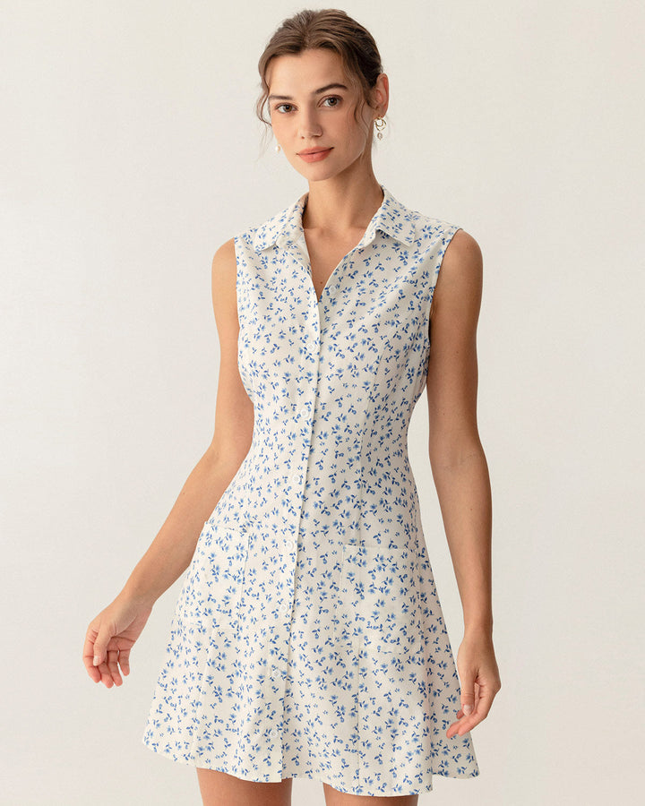 Blue Floral Pocket Sleeveless Mini Dress
