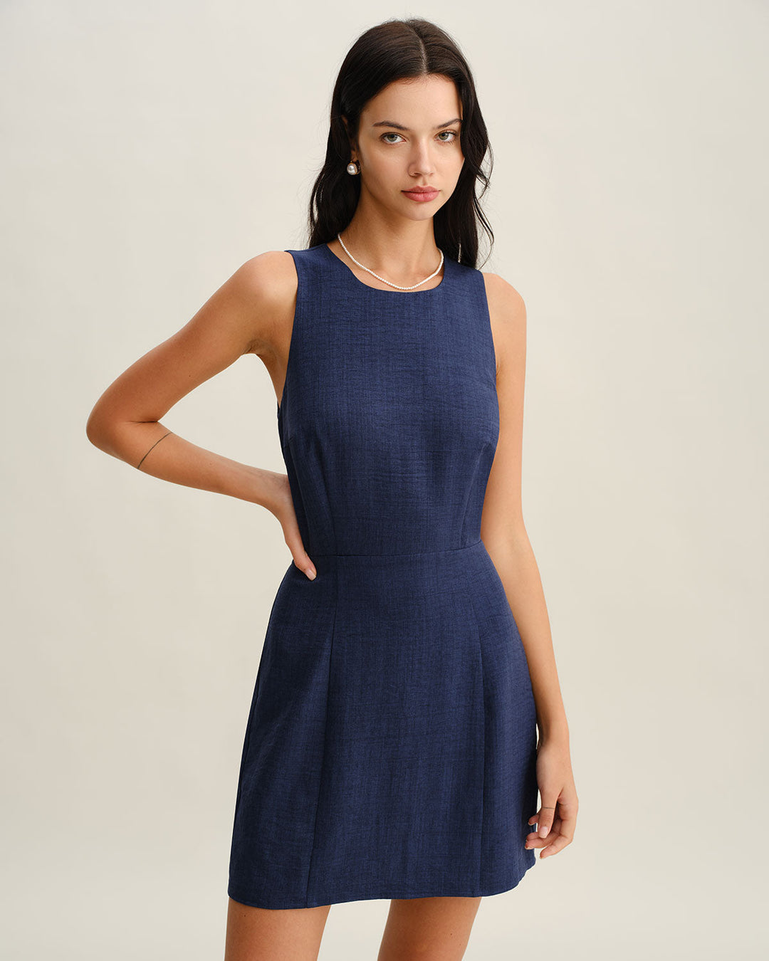 Blue Round Neck Zipper Sleeveless Mini Dress