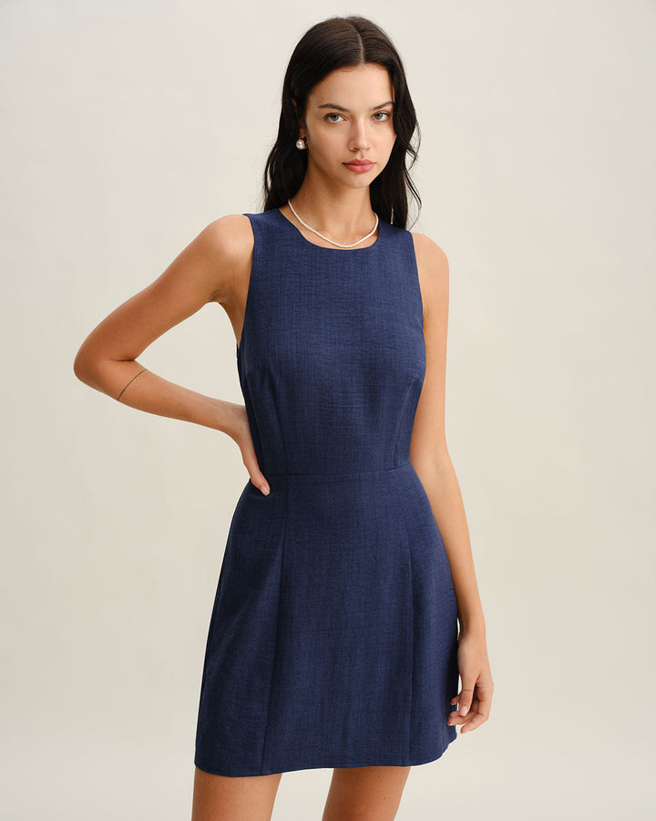 Blue Round Neck Zipper Sleeveless Mini Dress