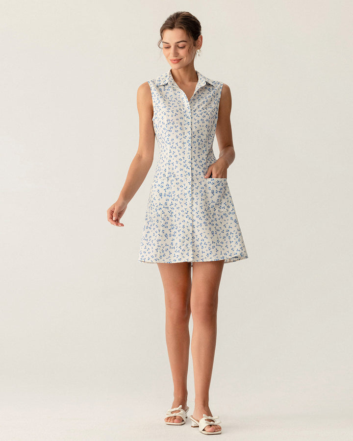 Blue Floral Pocket Sleeveless Mini Dress