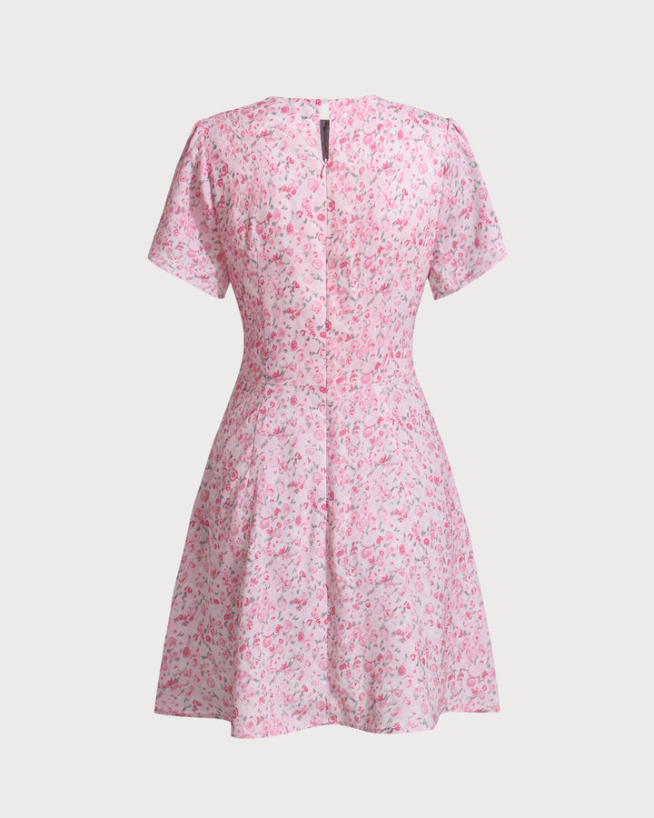 Pink Floral Round Neck Pleated Mini Dress