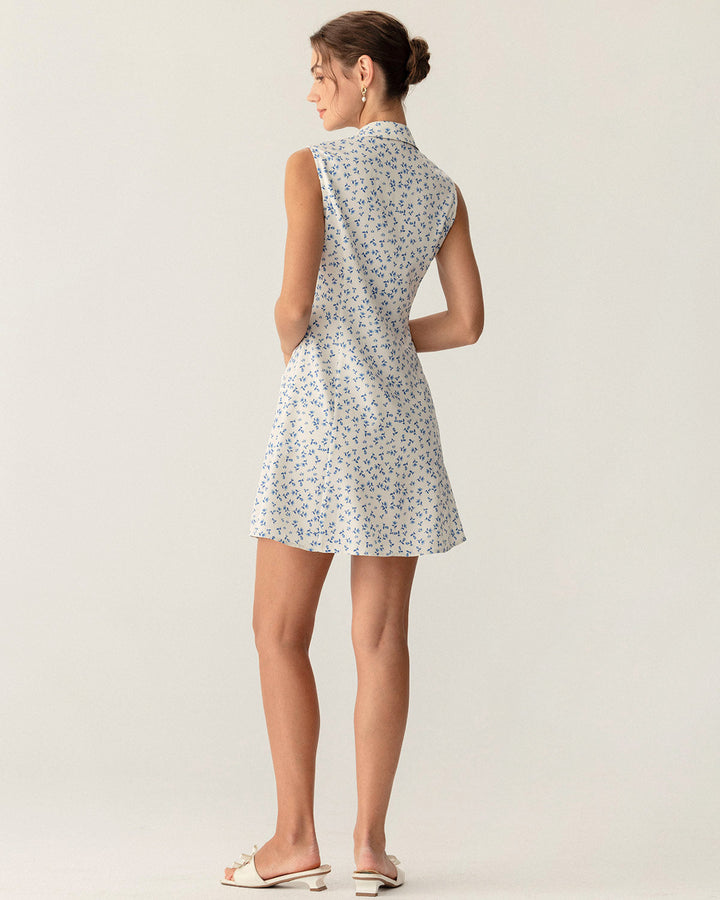 Blue Floral Pocket Sleeveless Mini Dress