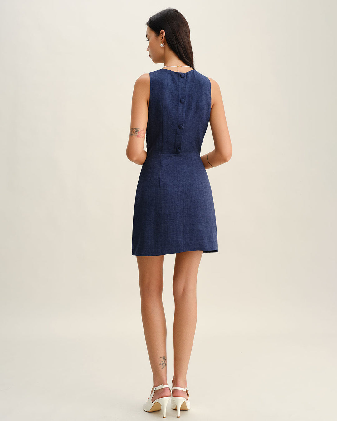 Blue Round Neck Zipper Sleeveless Mini Dress