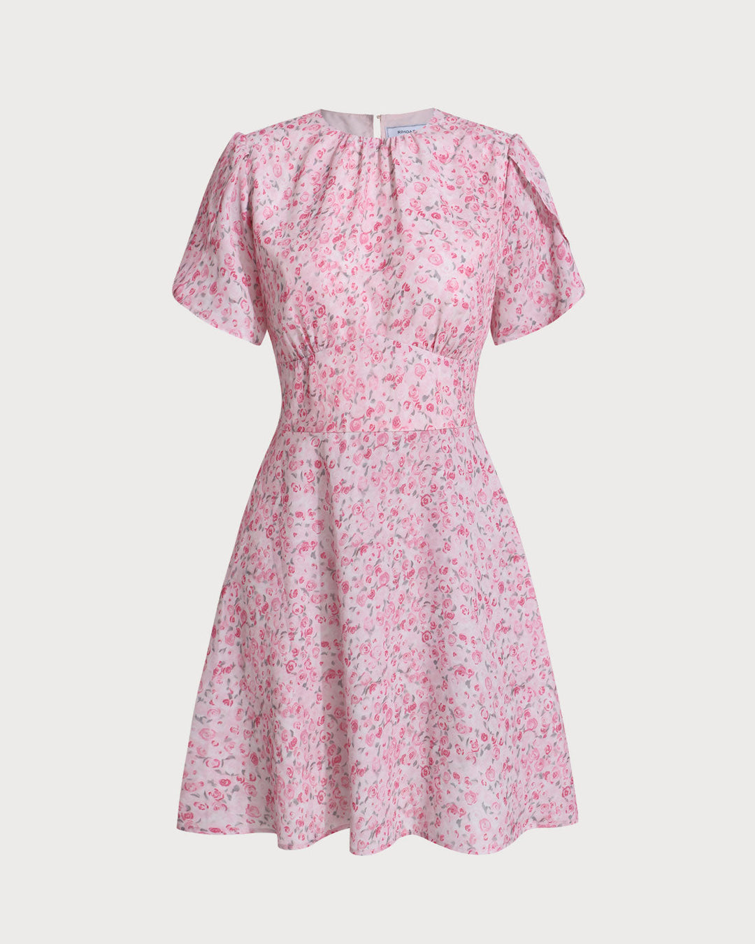 Pink Floral Round Neck Pleated Mini Dress