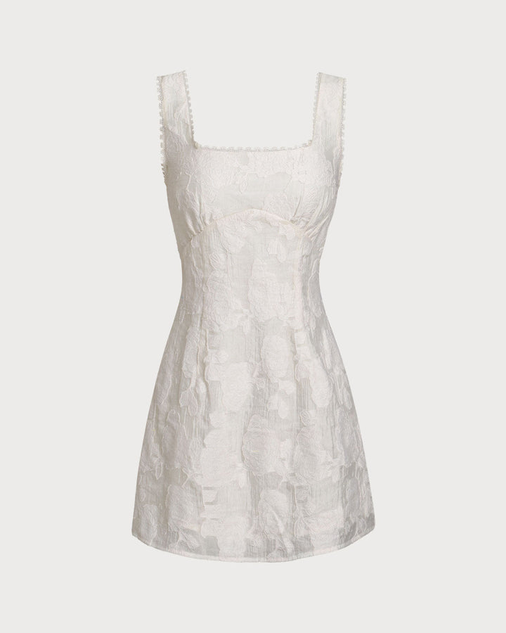 White Textured Square Neck Slip Mini Dress