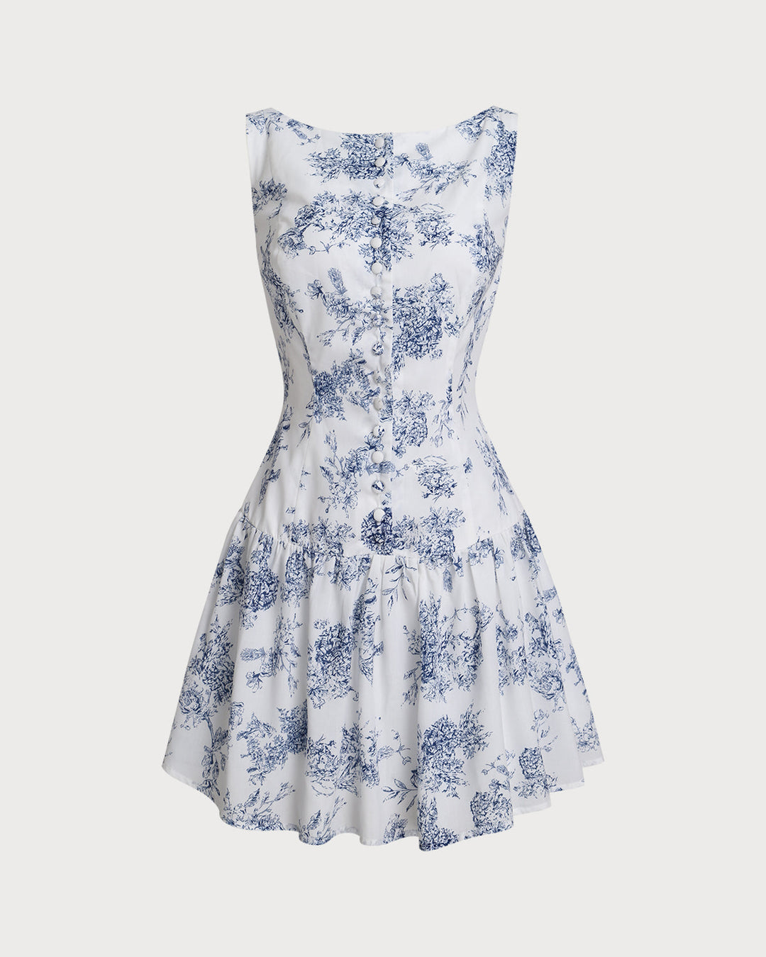 Blue Floral Boat Neck Sleeveless Mini Dress