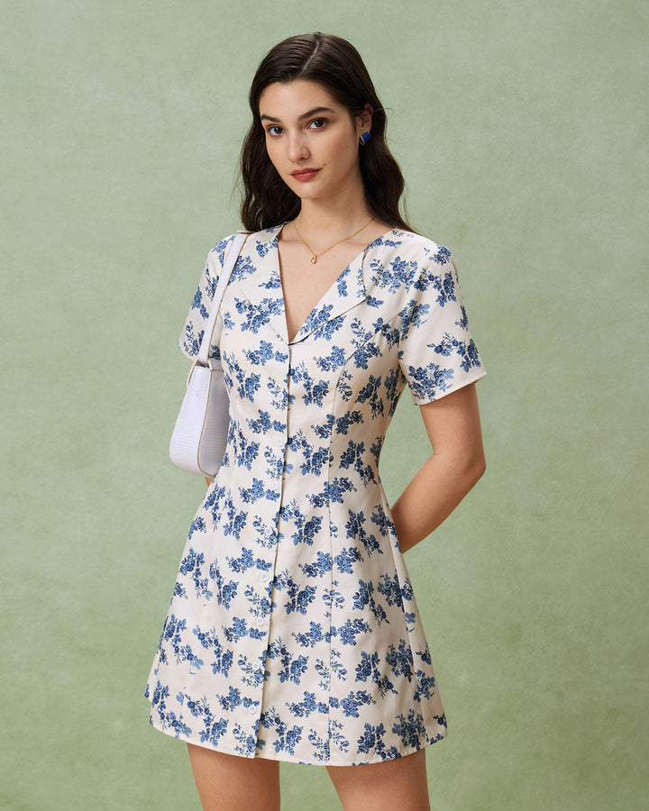 Blue Floral V-Neck Button A-Line Mini Dress