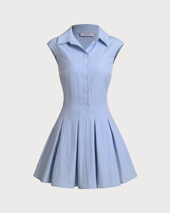 Blue Button A-Line Sleeveless Mini Dress