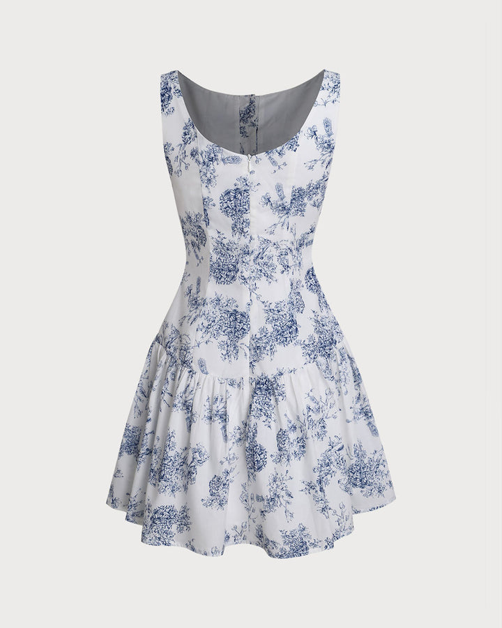 Blue Floral Boat Neck Sleeveless Mini Dress