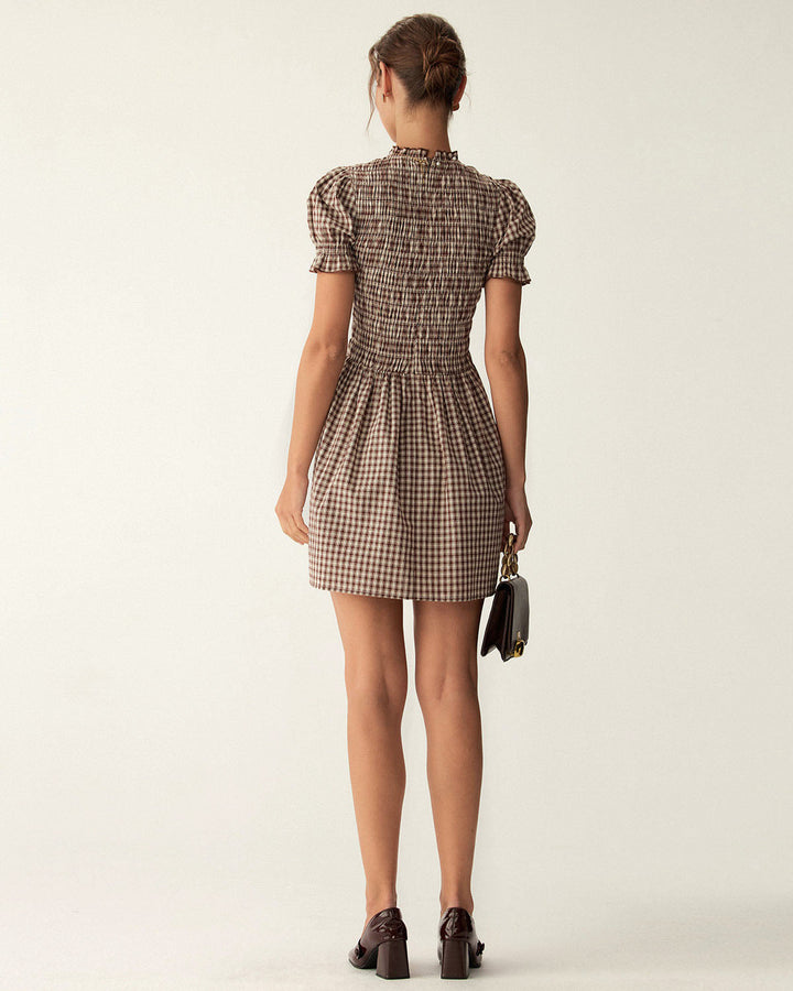 Coffee Plaid Puffed Sleeve Mini Dress